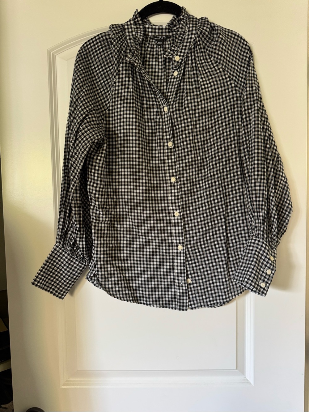 J. Crew Black & White Gingham Ruffle-Collar Button-Down Shirt